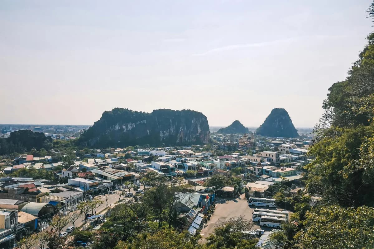 Aerial view of Da Nang cityscape with the iconic Marble Mountains in Vietnam.