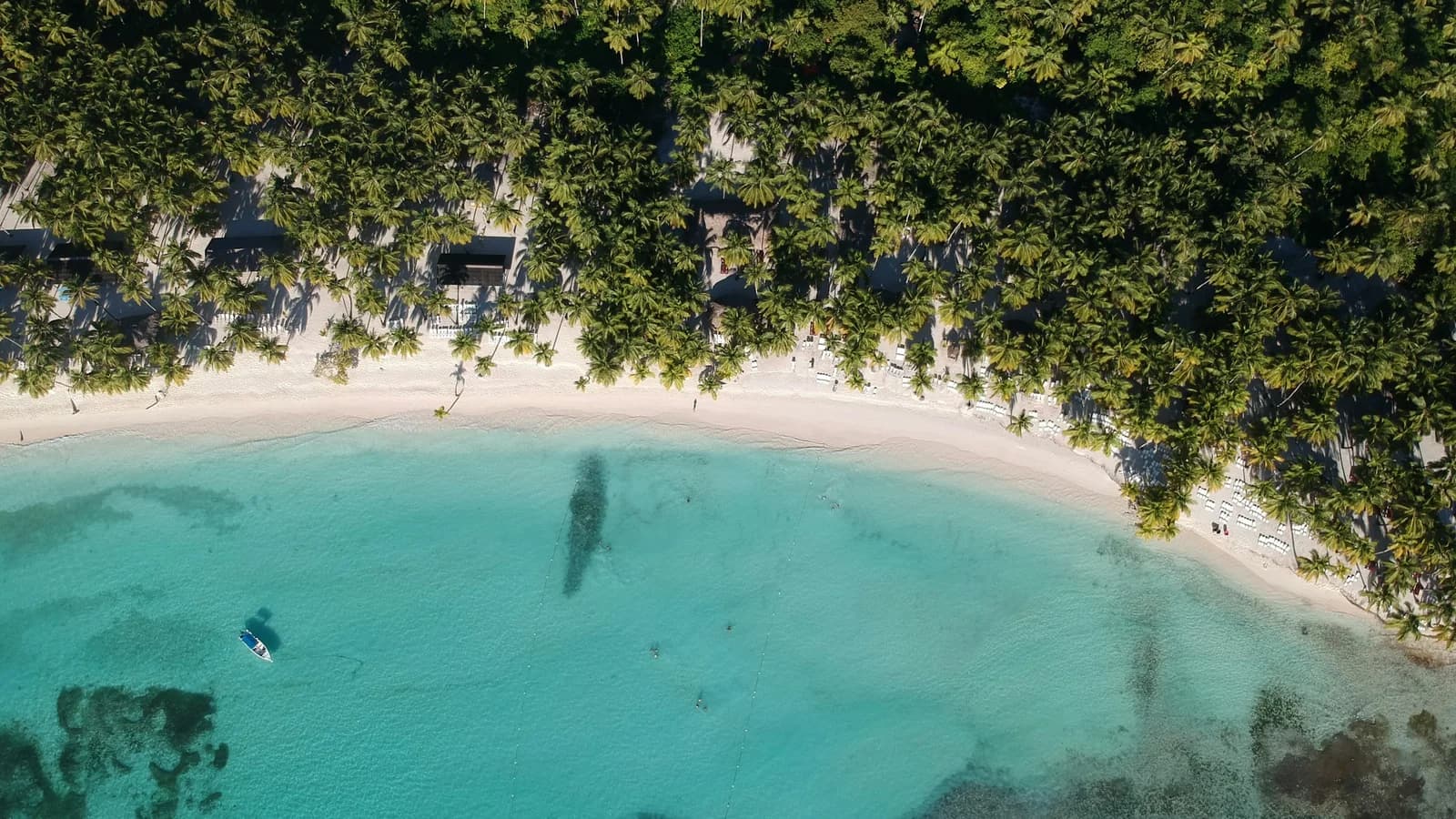 Aerial view of a Punta Cana beach with a boat moored in turquoise water