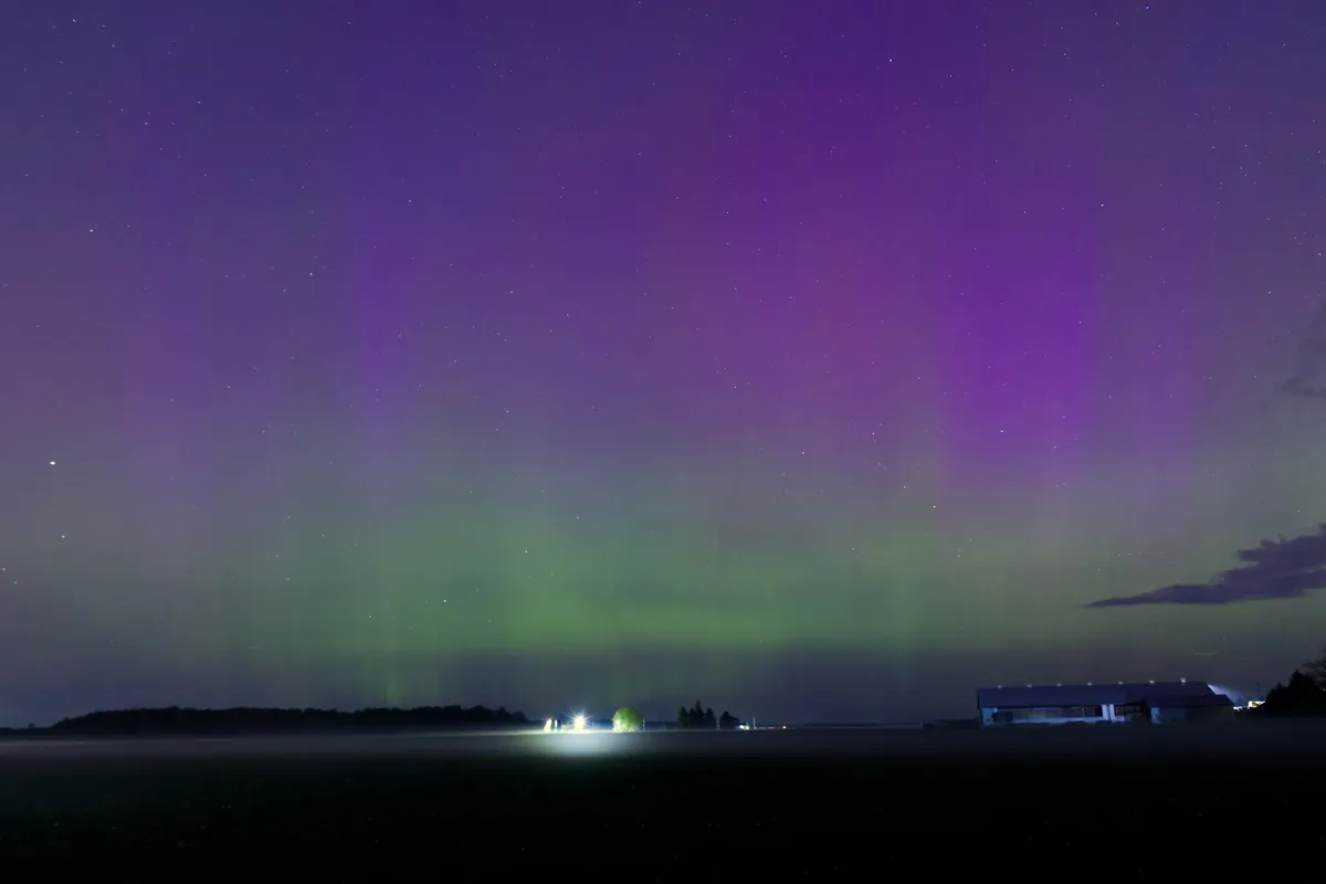 Purple and green aurora above dark farmland and a low barn in Elora, Ontario
