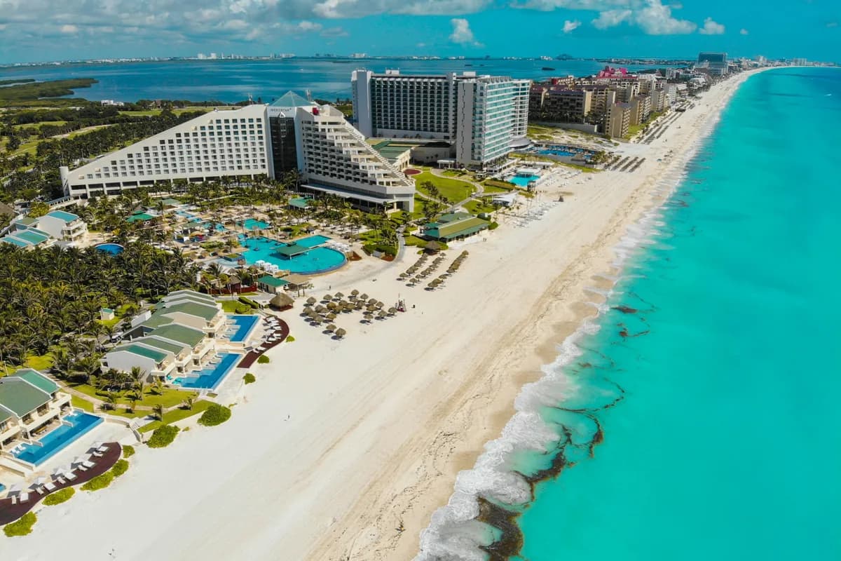 Aerial view of a turquoise Caribbean beach in Mexico