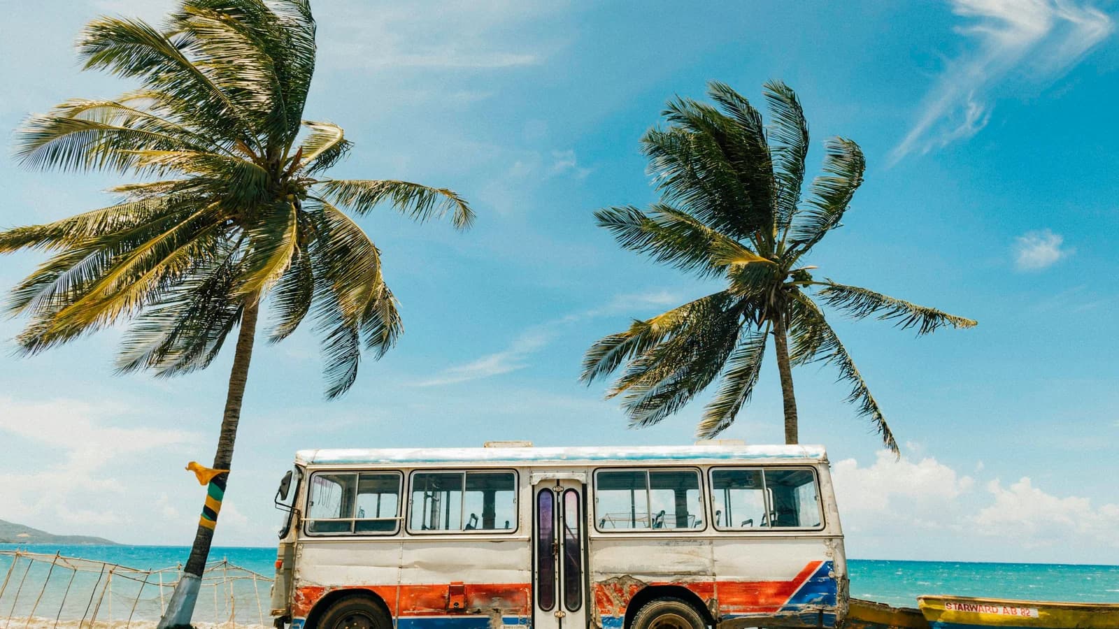 White and blue bus parked beside a palm tree under a blue sky in Jamaica