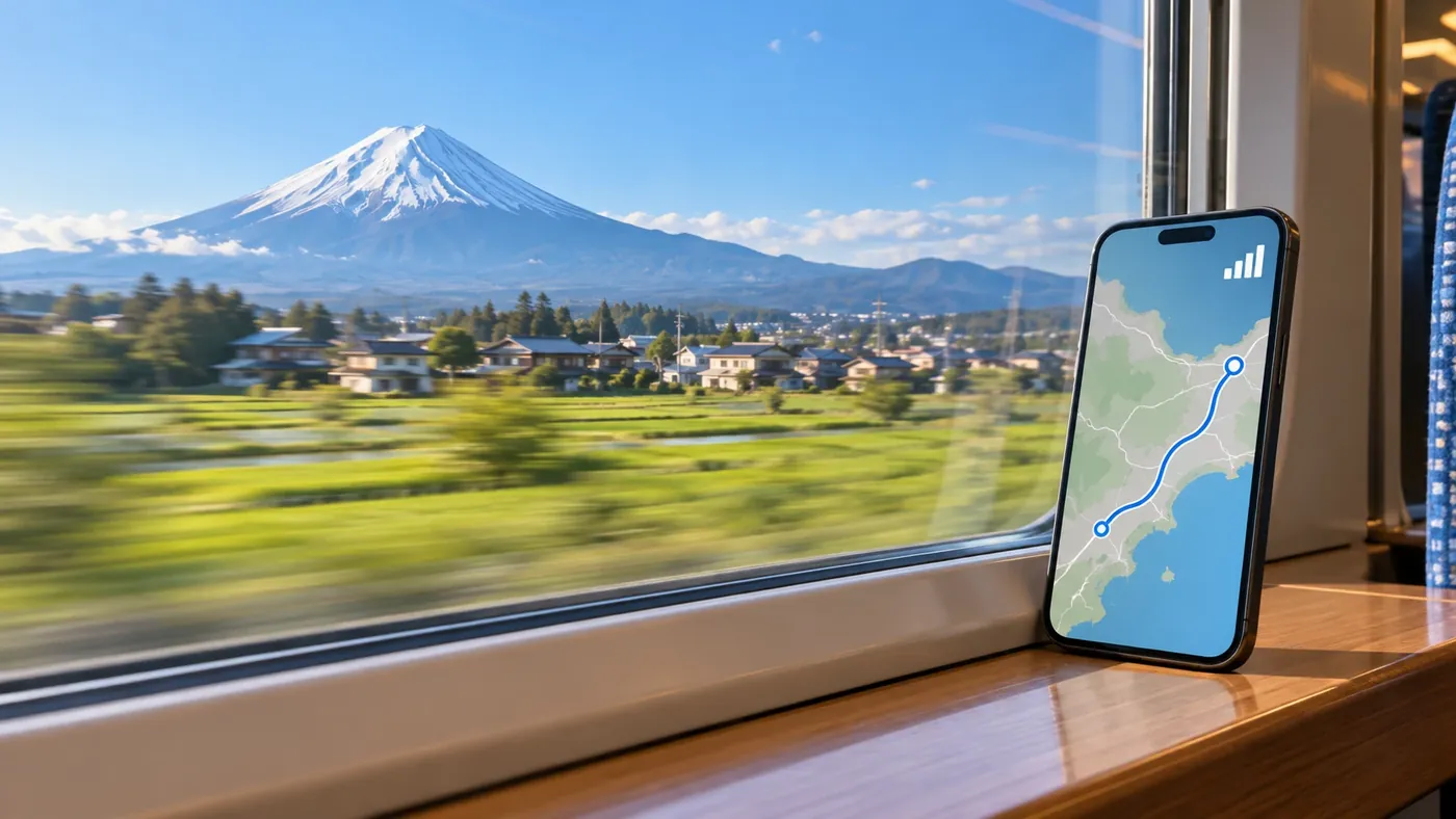 A smartphone showing a map route on a bullet train window ledge, with Mount Fuji outside