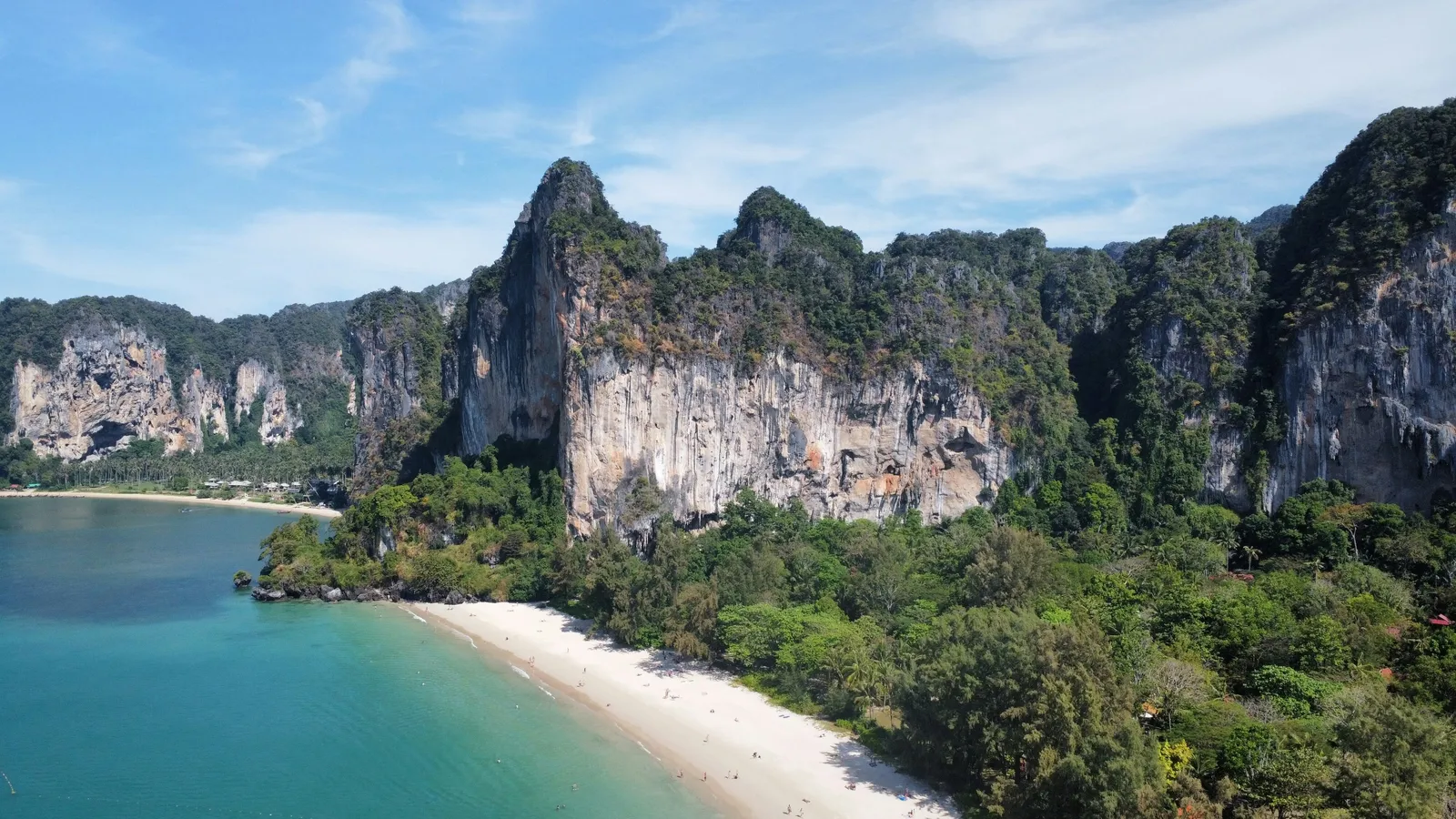 Aerial view of Railay Beach, Krabi, Thailand — limestone karsts ringing the sand