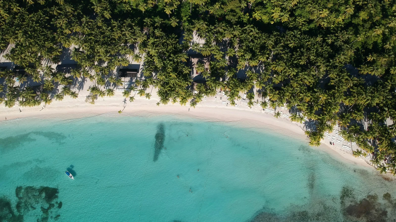 Aerial view of a Punta Cana beach with a boat moored in turquoise water